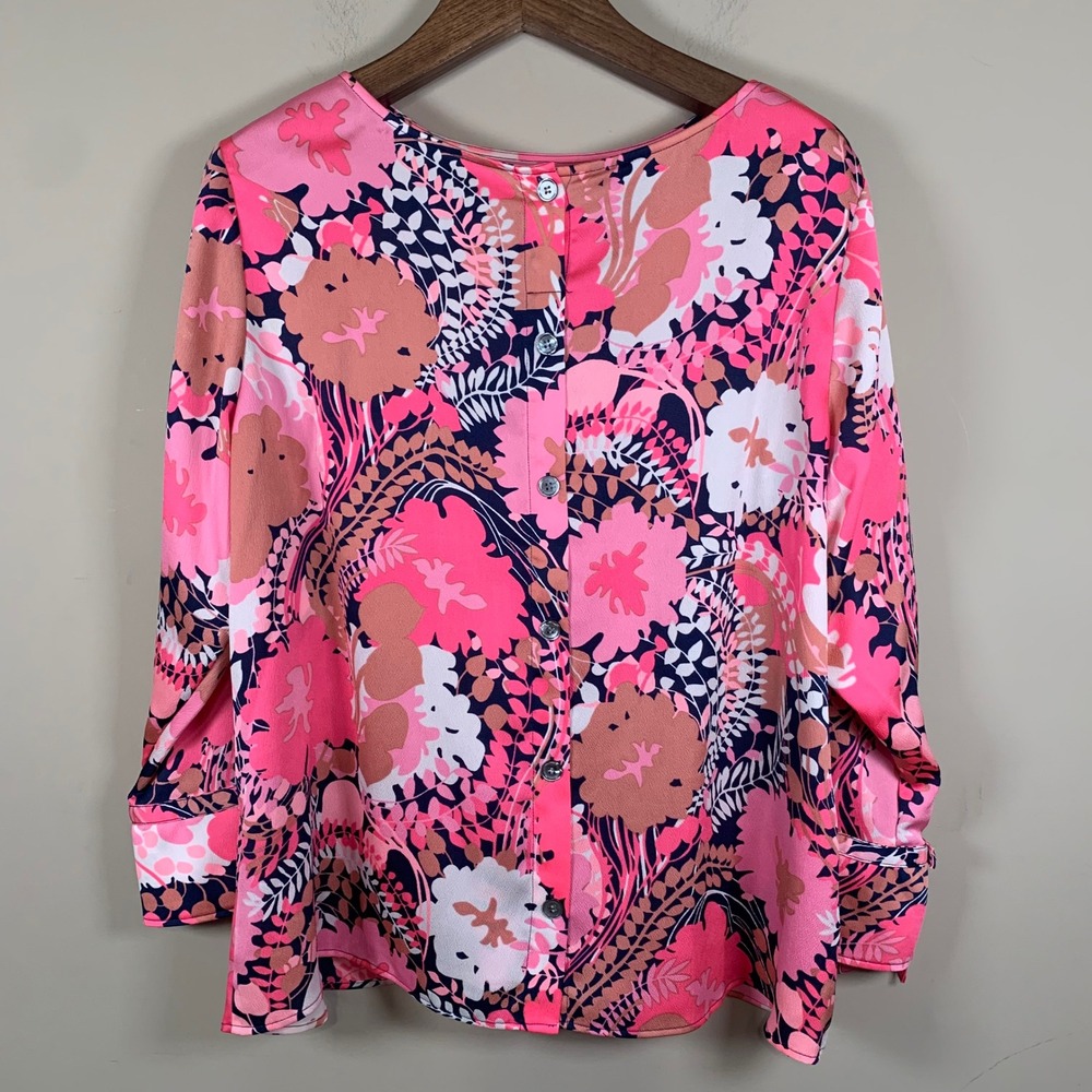 Talbots Pink Floral L/S Bow Accent Button Down Back Blouse Size 2XP - Picture 2 of 12